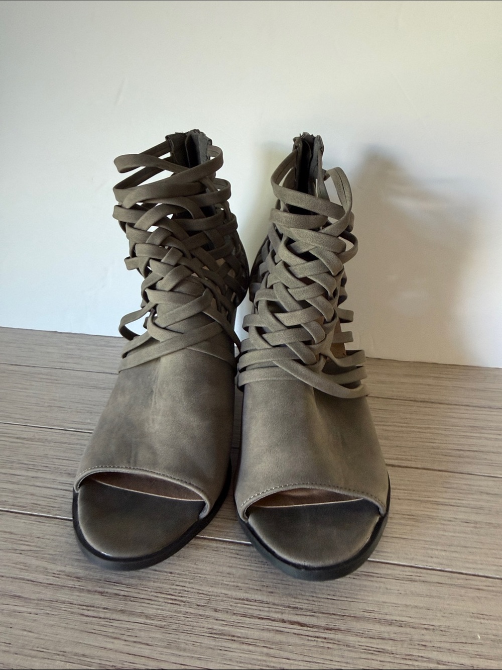 Diba Olive Strappy Peep-Toe Ankle Heels